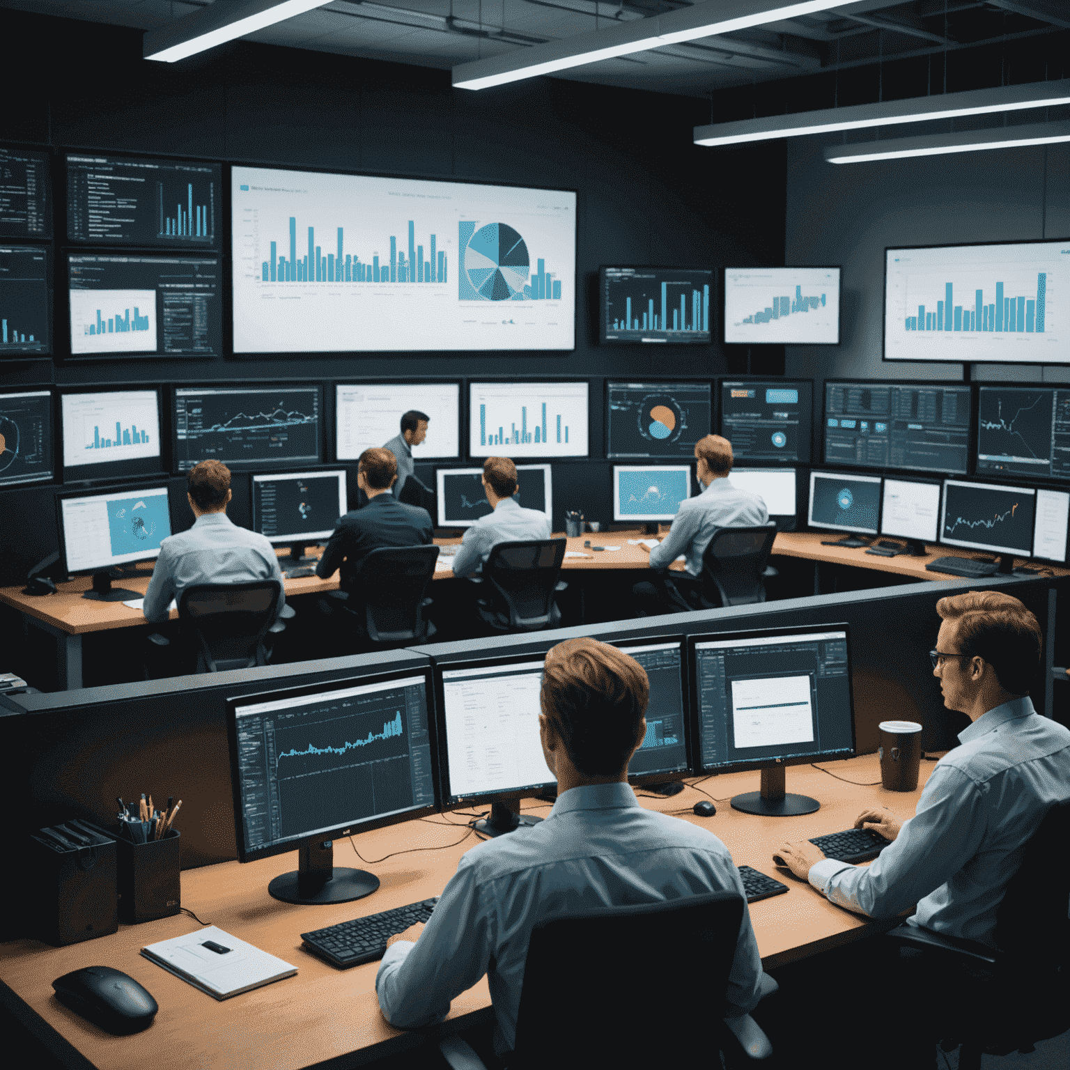 Imagen de fondo que muestra gráficos, computadoras y personas analizando datos