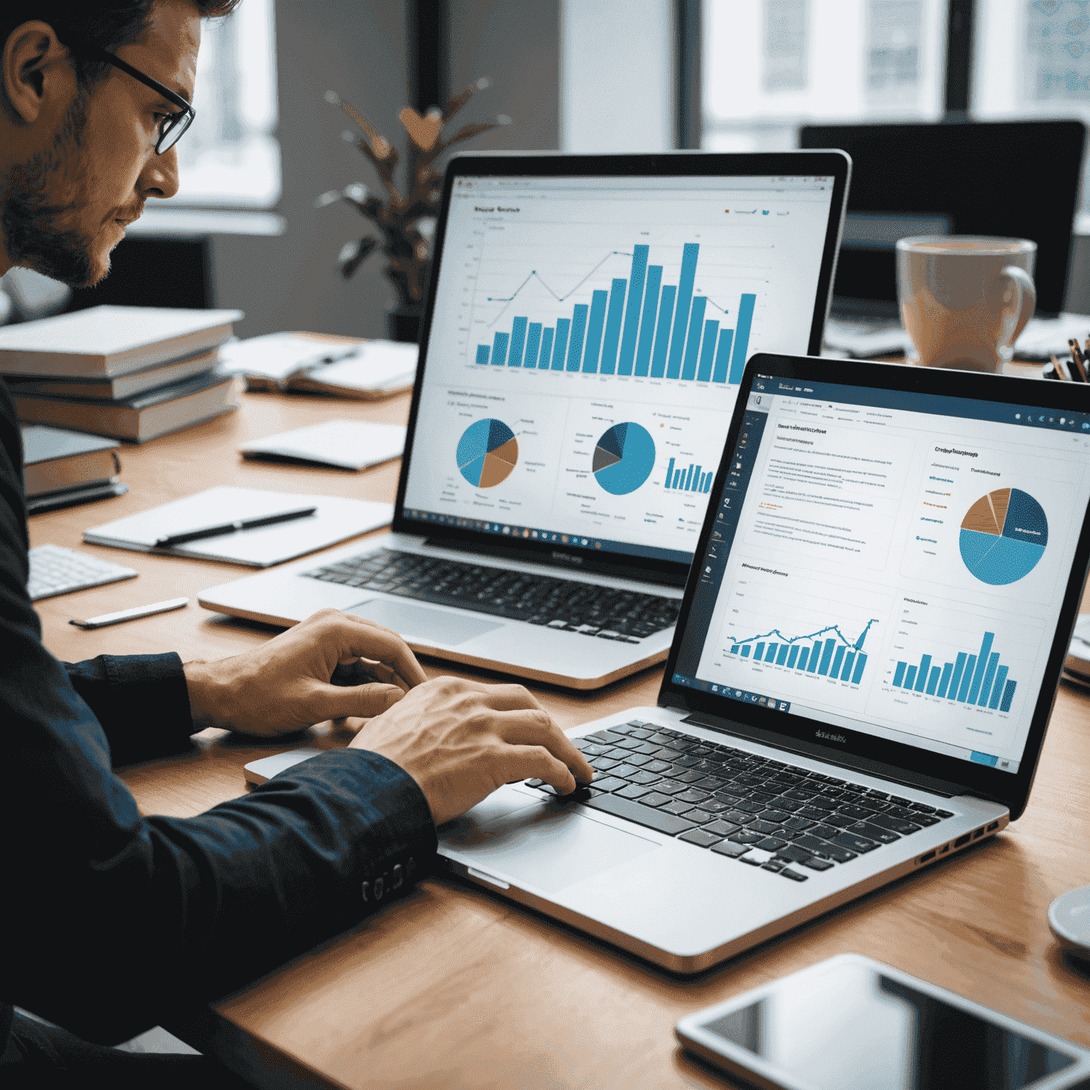 Imagen que muestra gráficos y diagramas de análisis de datos con una persona trabajando en una computadora portátil en primer plano