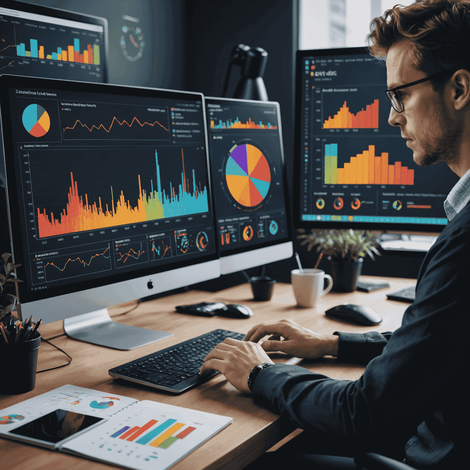 Persona analizando gráficos y datos en una pantalla de computadora, rodeada de visualizaciones de datos coloridas y dinámicas