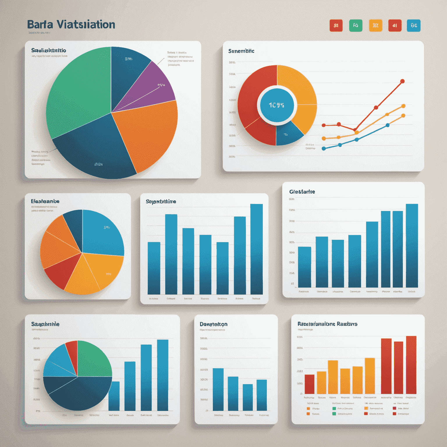 Gráfico de barras, gráfico circular y gráfico de líneas mostrando diferentes técnicas de visualización de datos