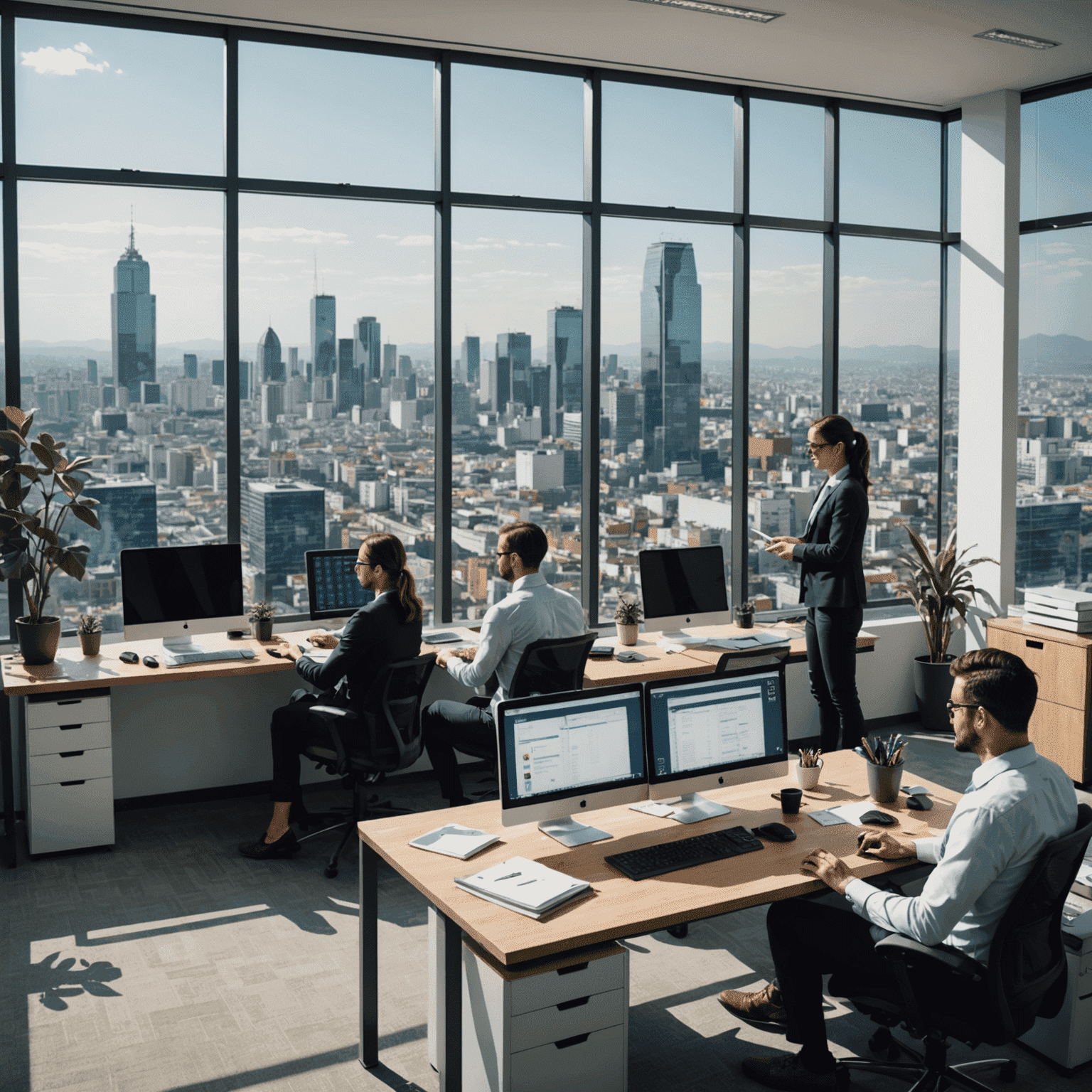 Profesionales de análisis de datos trabajando en una oficina moderna en la Ciudad de México, con vistas panorámicas de la ciudad