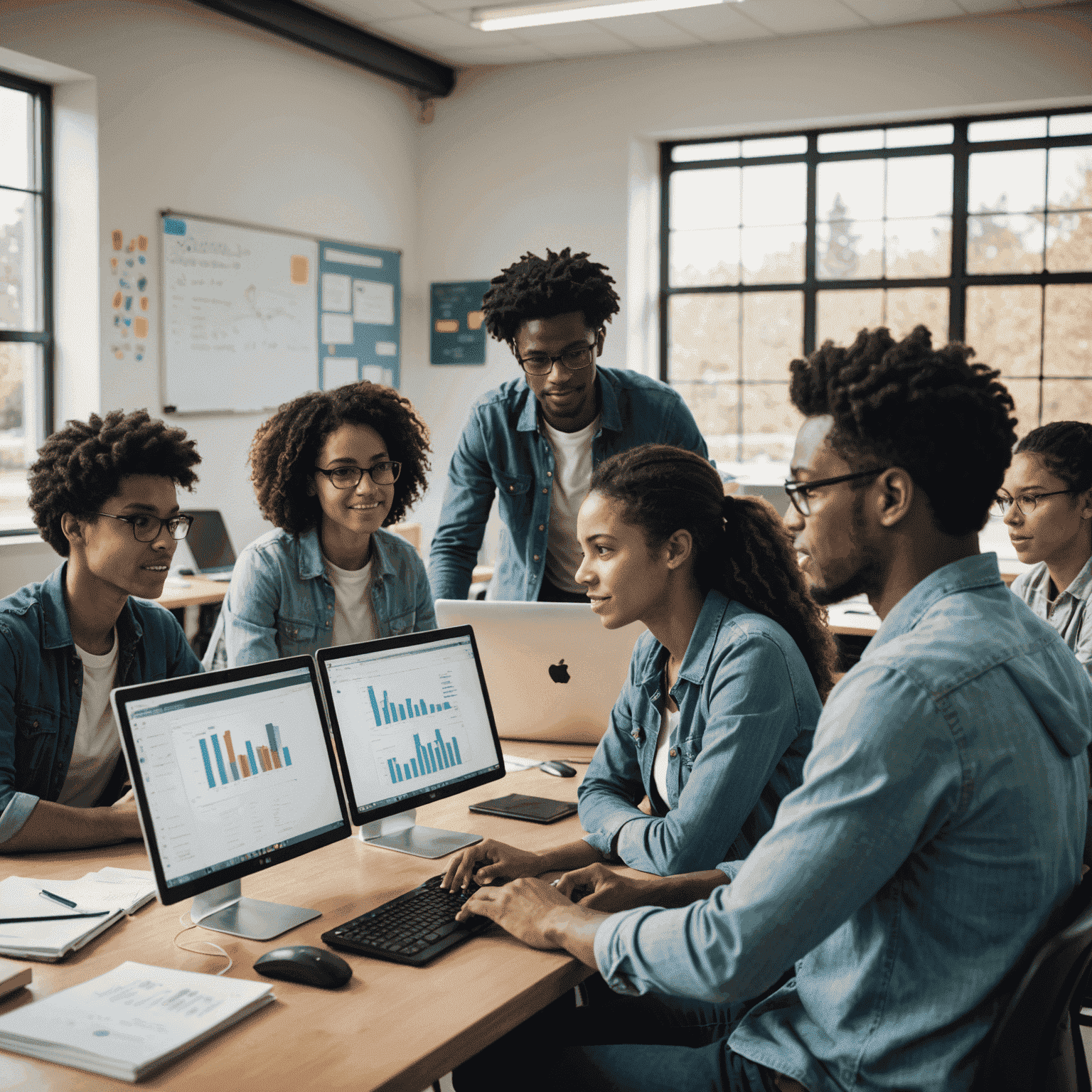 Grupo diverso de estudiantes trabajando juntos en computadoras, analizando gráficos y discutiendo resultados en un aula moderna y bien iluminada