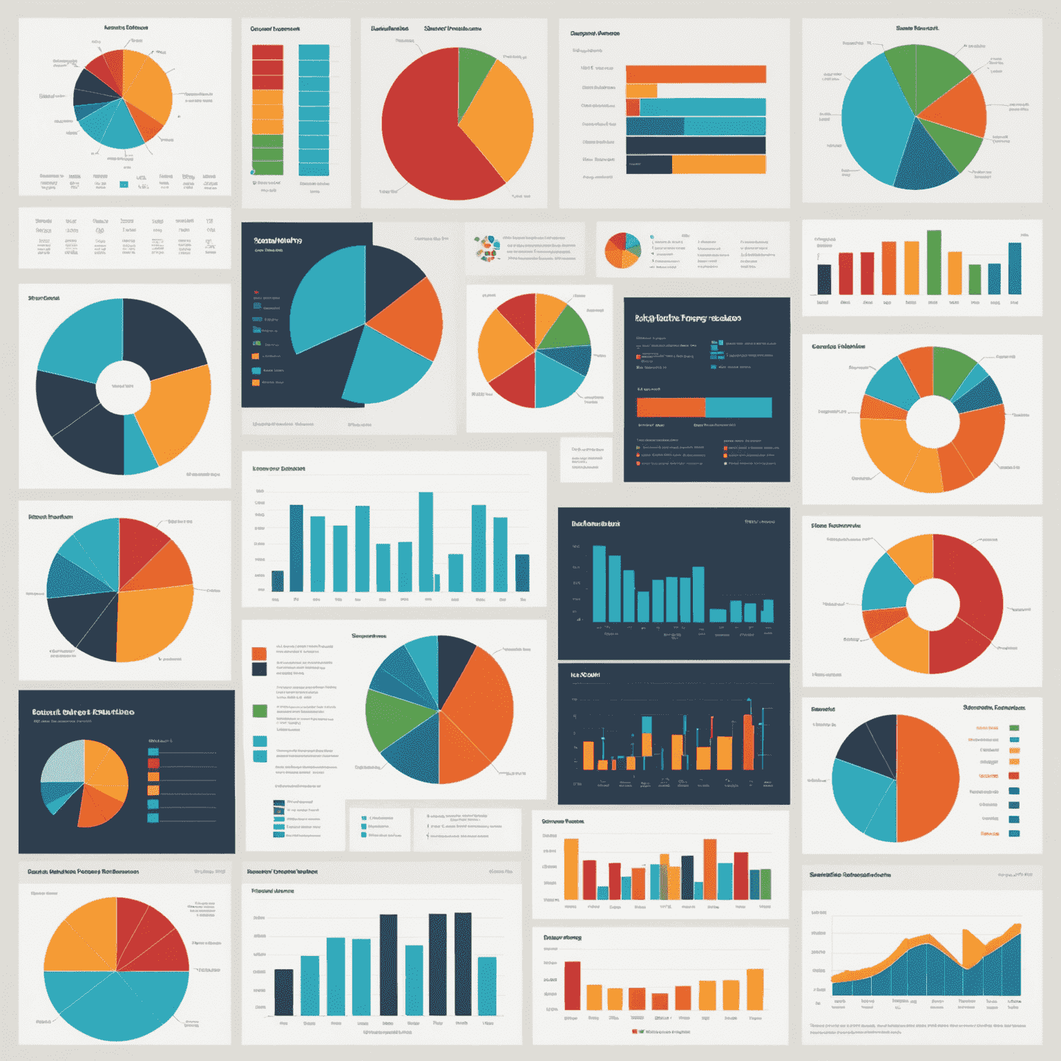 Collage de diferentes tipos de gráficos y visualizaciones de datos, incluyendo gráficos de barras, gráficos circulares, mapas de calor y diagramas de dispersión.